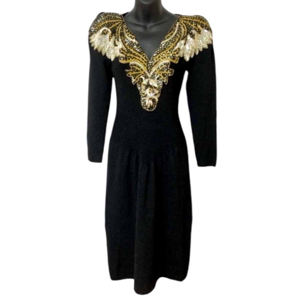 Pat Sandler for Wellmore Neiman Marcus Vintage Dress Black Gold Sequin Size 10